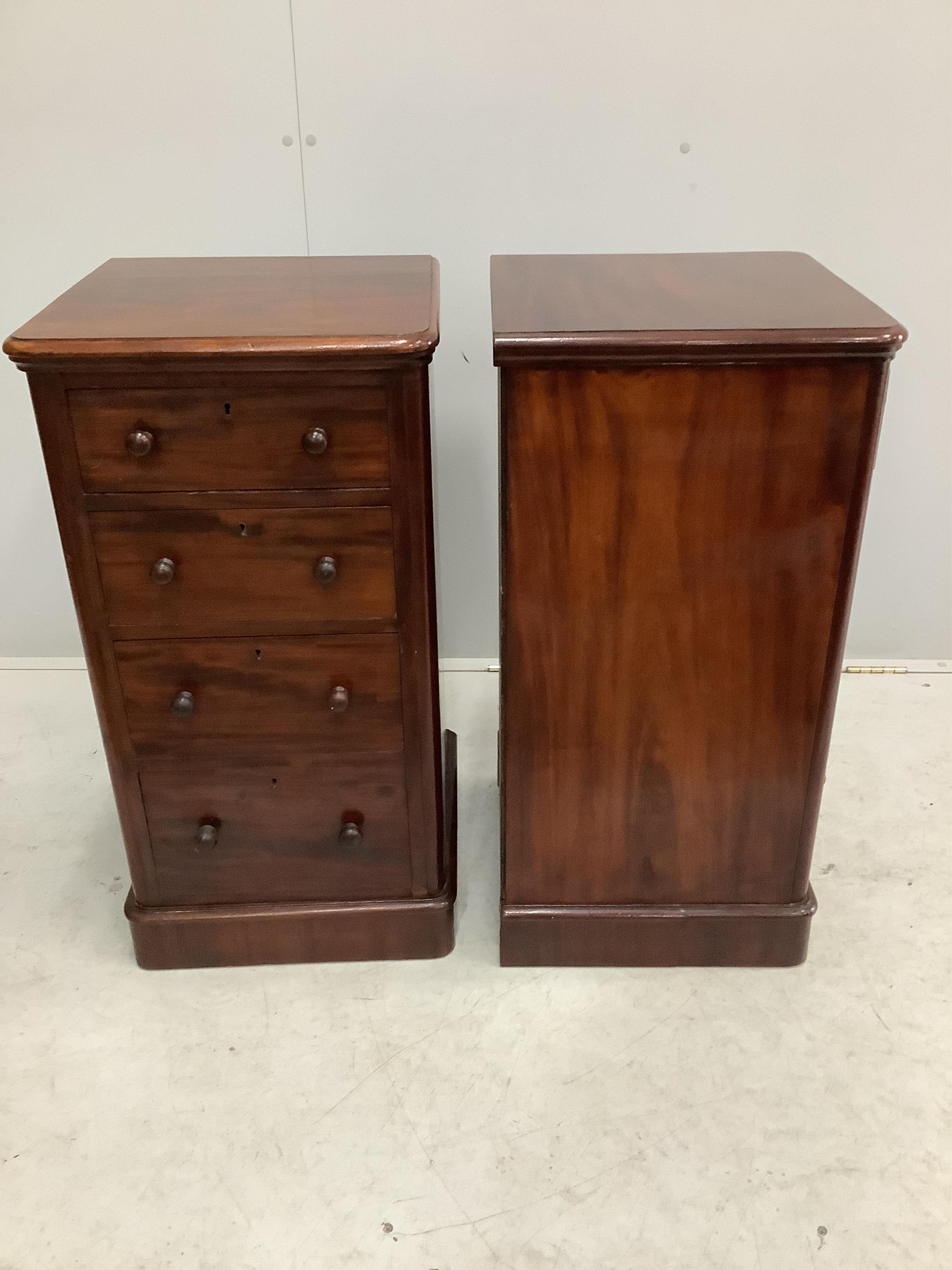 A pair of Victorian and later mahogany four drawer bedside chests, adapted, width 42cm, depth 40cm, height 81cm. Condition - good.